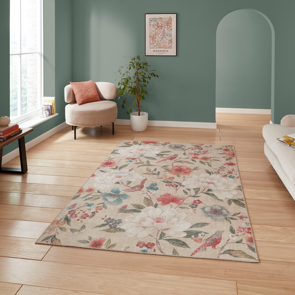 Pipa Floral Washable Rugs by Catherine Lansfield in Natural